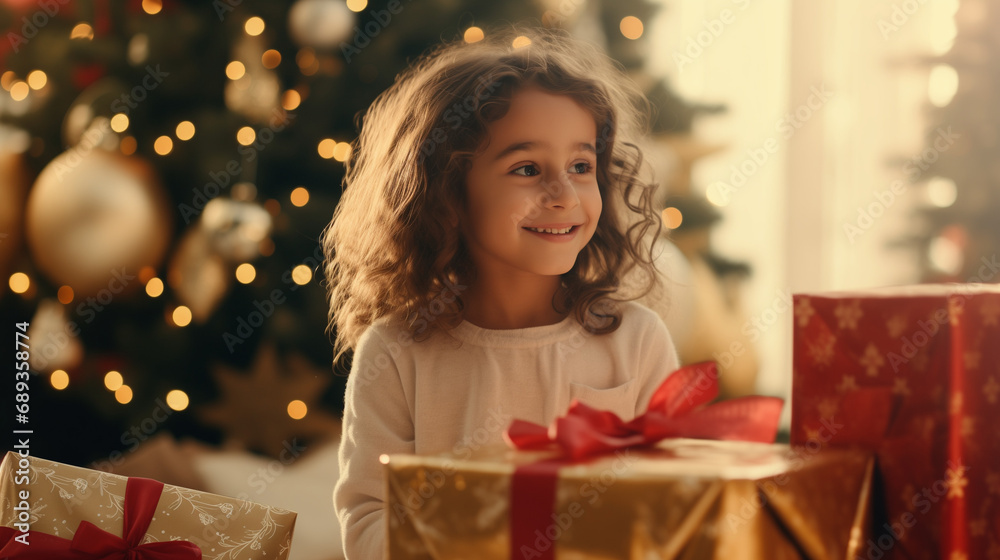 Happy New Year. Portrait of excited little arab american girl laughing while holding xmas gift box on Christmas tree background. Winter holidays, celebrations and party. Generative AI. Happy New Year. Portrait of excited little arab american girl laughing while holding xmas gift box on Christmas tree background. Winter holidays, celebrations and party. Generative AI.