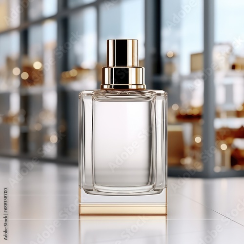cosmetic bottle with blank front, realistic on a mockup template in a table