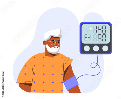 Blood pressure measurement concept. Elderly man with tachometer. Health care and medicine. Diagnosis and treatment. Poster or banner. Cartoon flat vector illustration isolated on white background