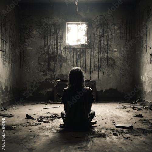a sad woman sitting on old wooden floor in a sparse room with worn walls