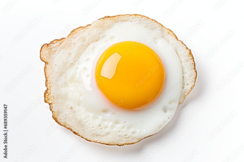 Delicious and appetizing fried egg with golden yolk, isolated on a clean white background, top view Delicious and appetizing fried egg with golden yolk, isolated on a clean white background, top view