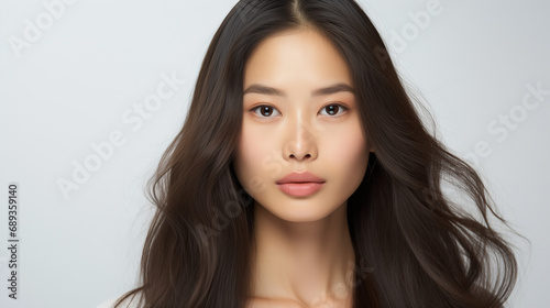 Young black-haired asian woman with perfect smooth skin isolated over white background. Concept of natural beauty  plastic surgery  cosmetology  cosmetics  skin care. Closeup portrait. Generative AI
