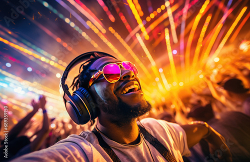 dj sitting up in the crowd at a festival with headphones,