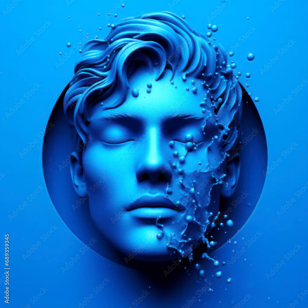 a blue face with water splashing on it's face on solid blue background. ai generative