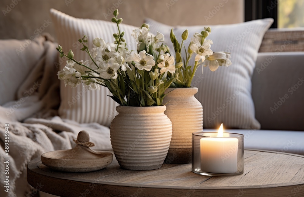 flowers and candles in a pot on a table in living room,