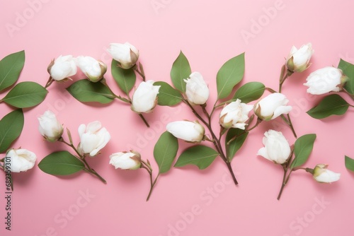 flat white buds on pink background top view,