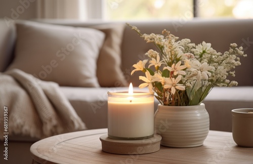 flowers and candles in a pot on a table in living room,