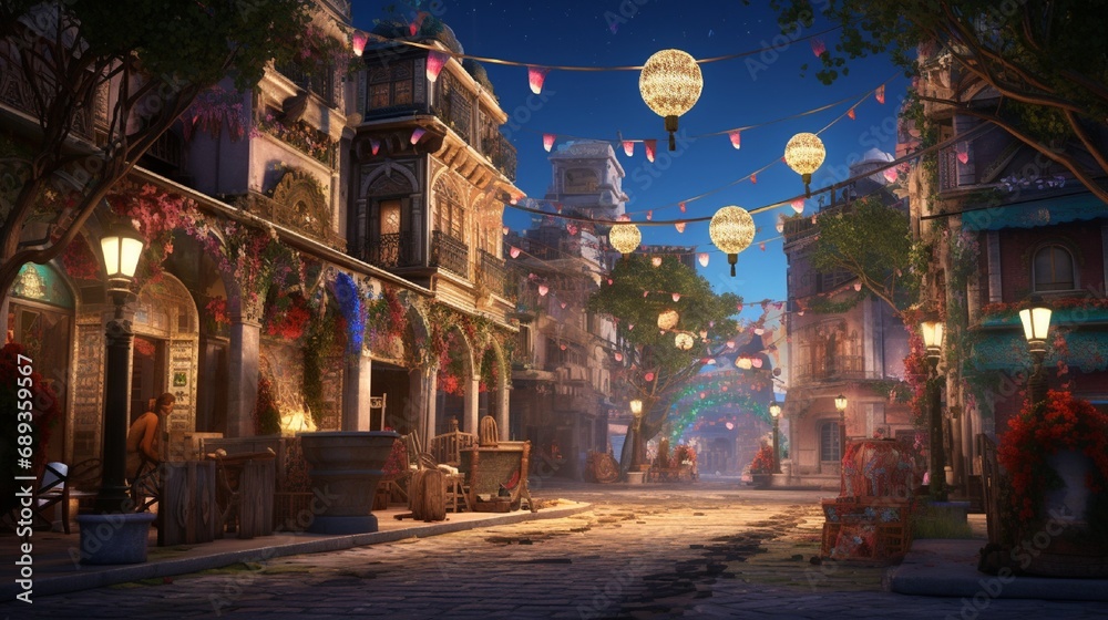 A street festooned with ornate decorations and twinkling lights to mark the arrival of Eid. - obrazy, fototapety, plakaty 
