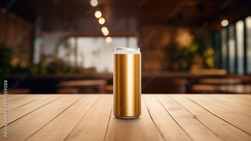 gold beer can with blank front, realistic on a mockup template in a table in a irish pub,