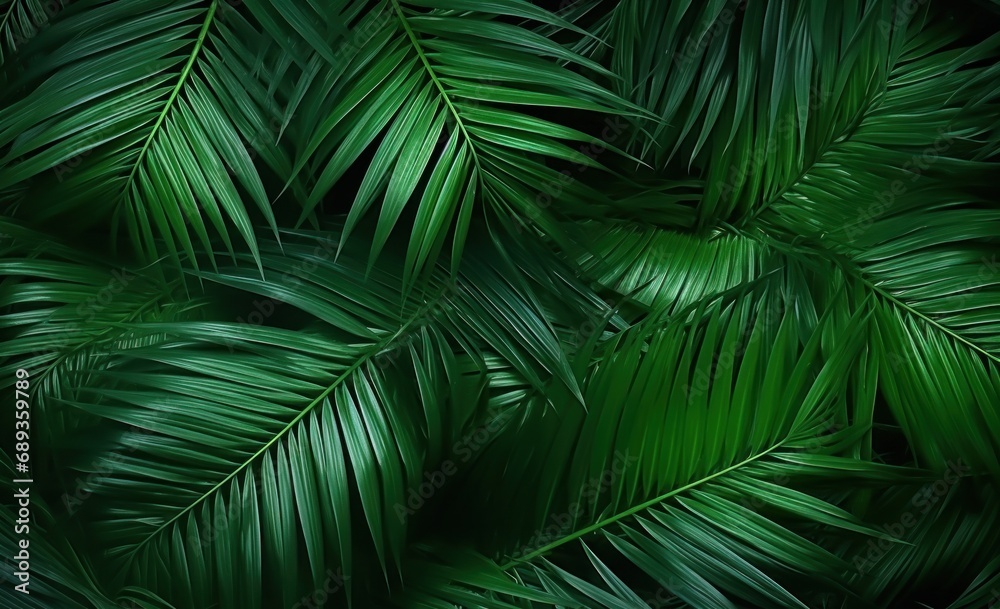 green palm leaves in a dark background,