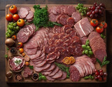 In this captivating image, a rustic wooden board serves as the canvas for a gourmet plate of meat.
