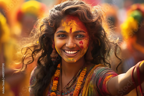 Portrait of a young woman at the Holi festival, expressing joy. © Olga Gubskaya