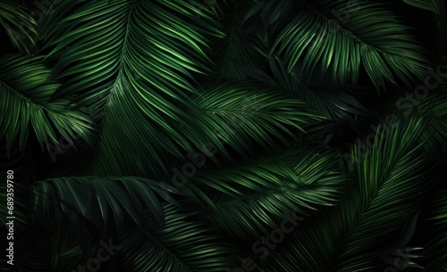 green palm leaves in a dark background,