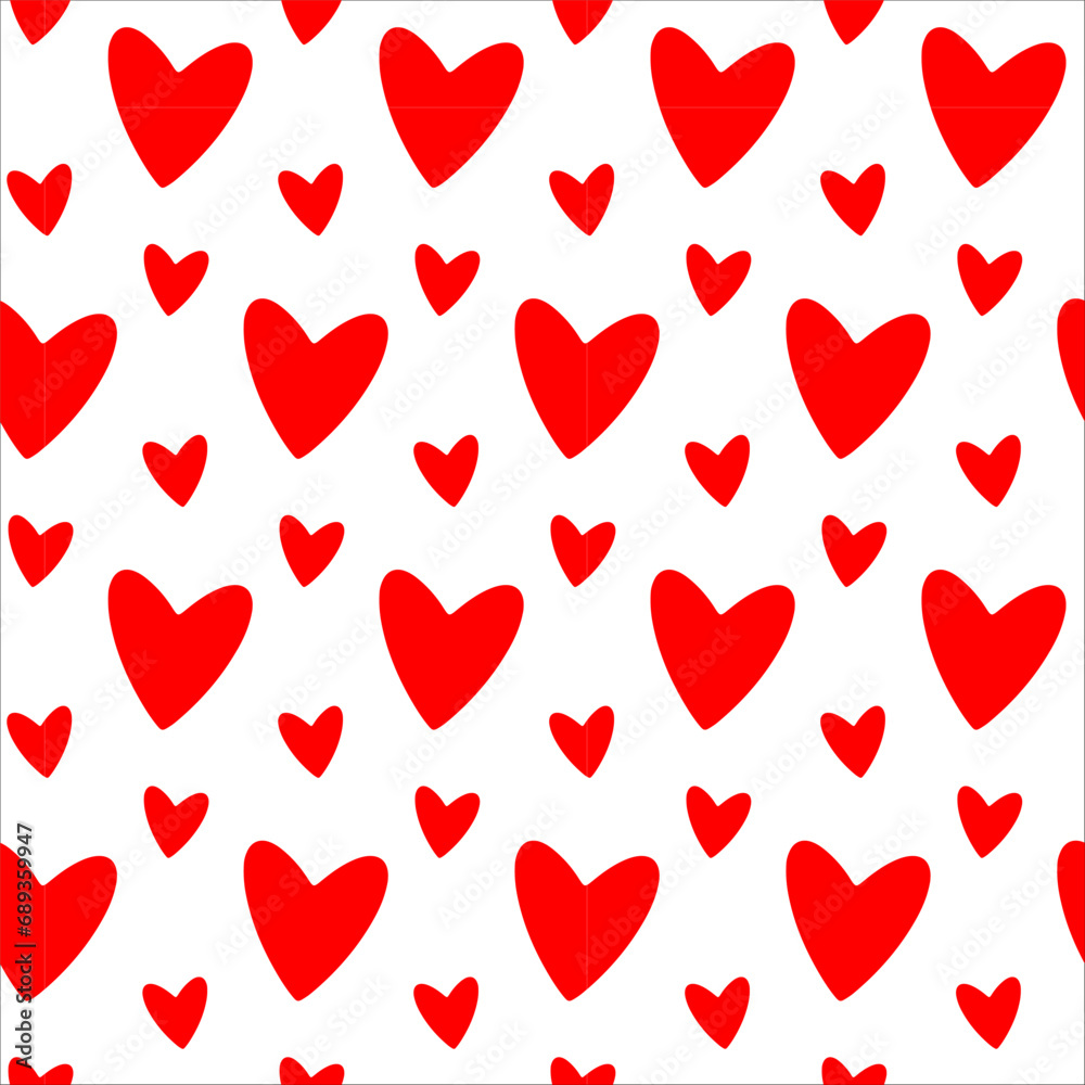 Red heart silhouettes seamless pattern. Random scattered red hearts background. Love or Valentine theme. Cartoon heart pattern for wedding, postcards, print, poster, party, Valentine day, textile
