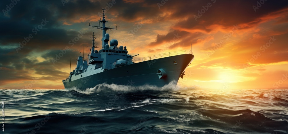 Fototapeta premium military ship in the ocean at sunset,
