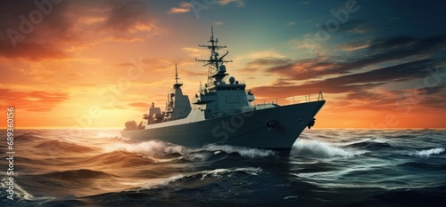 military ship in the ocean at sunset, © olegganko