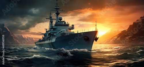 military ship in the ocean at sunset,