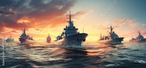 military ship in the ocean at sunset,