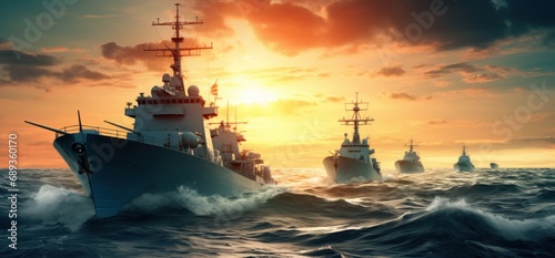 military ship in the ocean at sunset, © olegganko