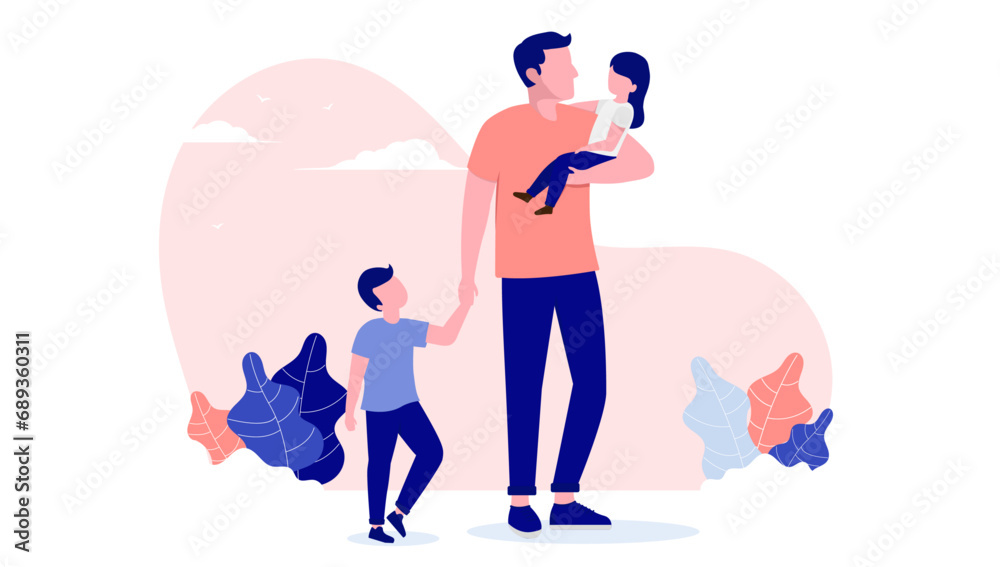 Father alone with two children - Parent outdoors holding hand and carrying kids. Front view flat design vector illustration with white background