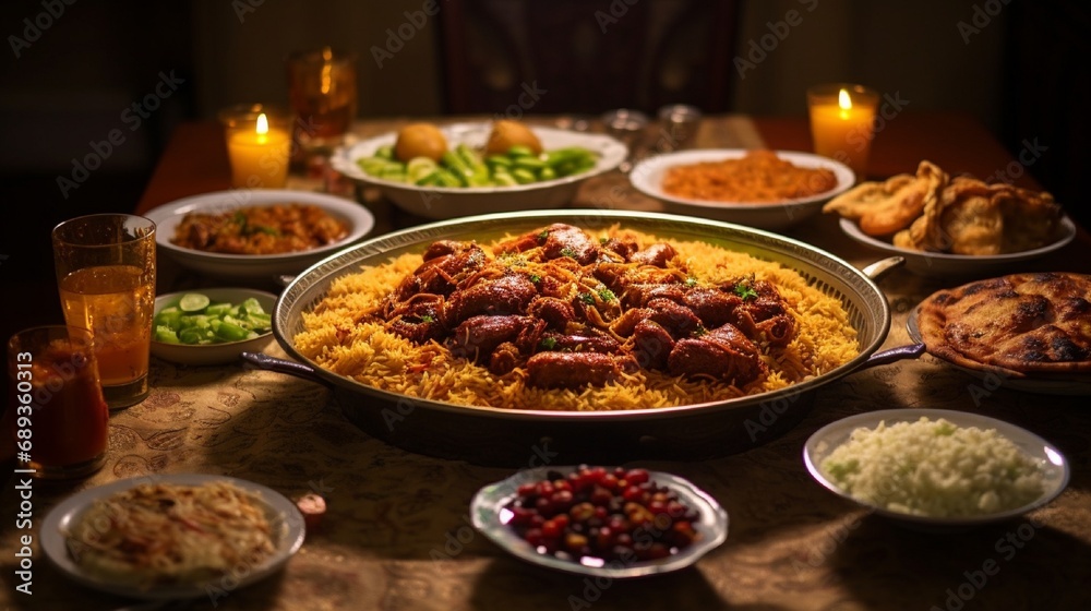 A table laden with gastronomic delights such as biryani, nihari, and kebabs during Eid-ul-Fitr.