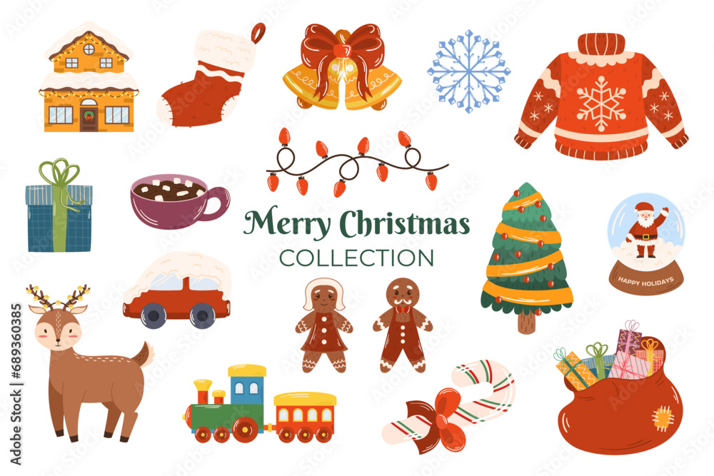 Fototapeta premium Christmas collection of different elements such a winter yellow house, bells with red bow, cocoa with marshmallow, car in snow, candy cane, deer, sweater and train toy.