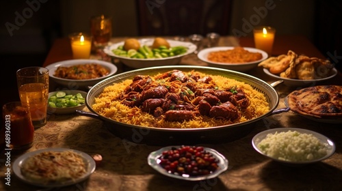 A table laden with gastronomic delights such as biryani, nihari, and kebabs during Eid-ul-Fitr. photo