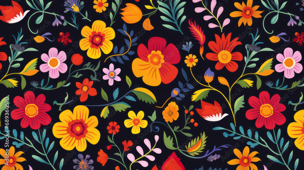 Traditional Mexican floral pattern on black background. Vibrant Spirit of Mexico with Authentic flowers pattern