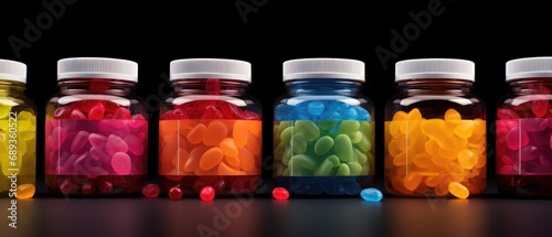 Colorful assorted nutritional supplement pills in transparent bottles arranged in row against black background. Health supplements and vitamins for wellbeing.