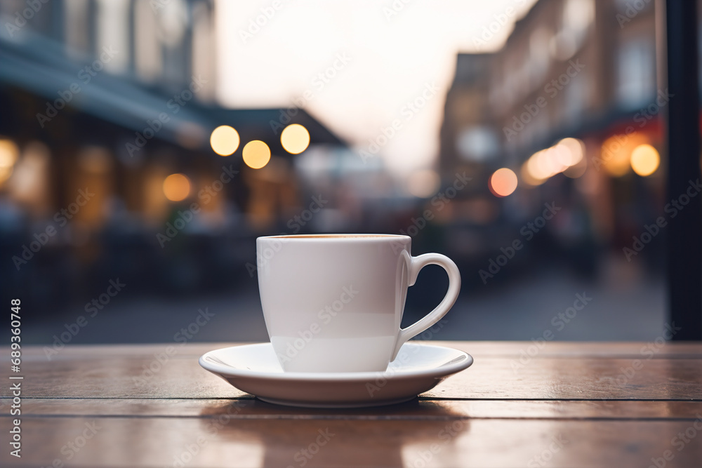 Direct view of a white cup standing on a cafe table on a blurred background. Cafe theme for mockup.