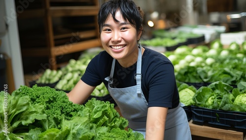 Friendly asian woman shop worker smiling in supermarket, vegetable and fruit retailer.
