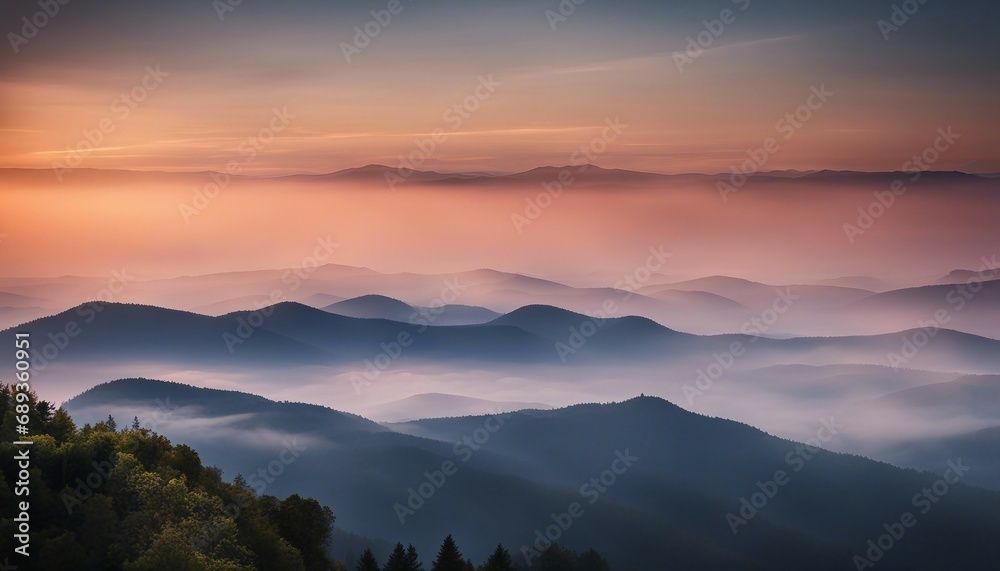 sunrise view over the foggy mountains
