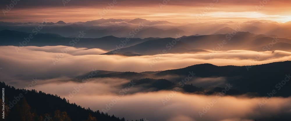 sunrise view over the foggy mountains
