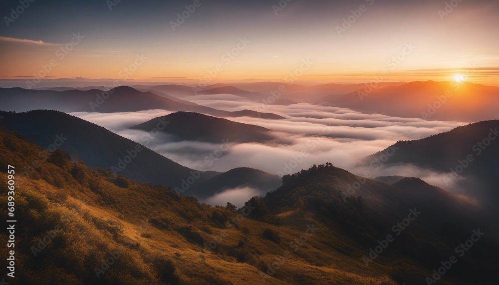 sunrise view over the foggy mountains
