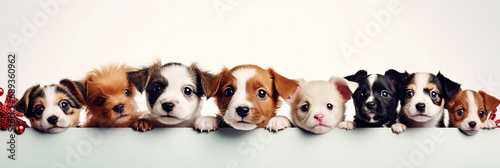 Christmas banner with cute puppy. Group of funny dogs above white banner looking at camera. Christmas signboard or gift card for pet shop or vet clinic.