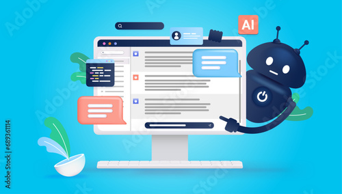 Ai chat on computer screen with artificial intelligence robot pointing at screen on blue background. Vector illustration