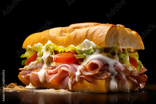 Delicious big sandwich with fresh bread, ham, sauce and vegetables.