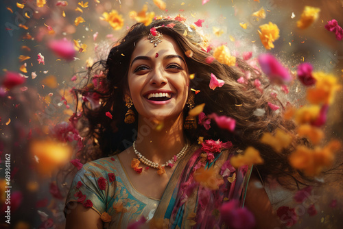 Portrait of a young woman at the Holi festival, expressing joy.