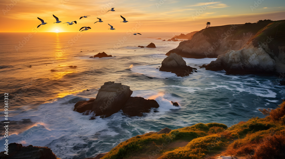 Cliffside view of the ocean at sunrise seagulls soaring --ar 16:9 --v 5.2 --style raw