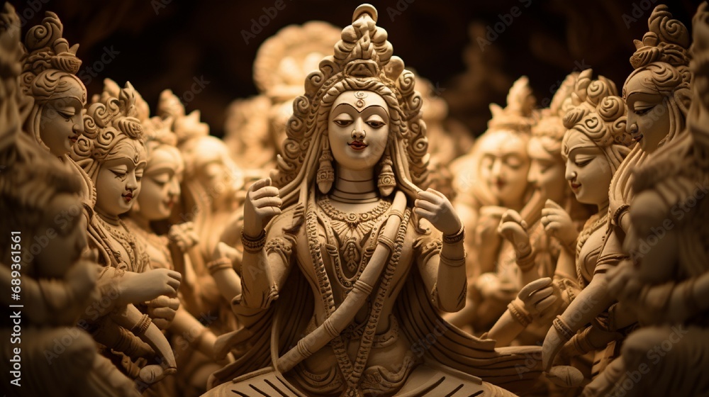 Clay idols of Goddess Durga intricately designed for Durga Puja. Clay idols of Goddess Durga intricately designed for Durga Puja.