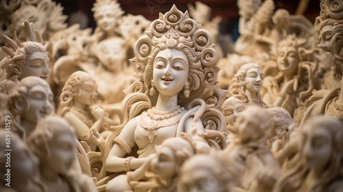 Clay idols of Goddess Durga intricately designed for Durga Puja. © Abdul