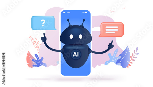 Artificial intelligence chat on mobile phone concept -  Illustration of robot assistant answering question with speech bubbles and smartphone in background