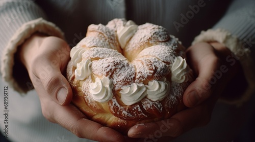 Close-up of hands holding a Swedish Semla bun for Fettisdagen. photo