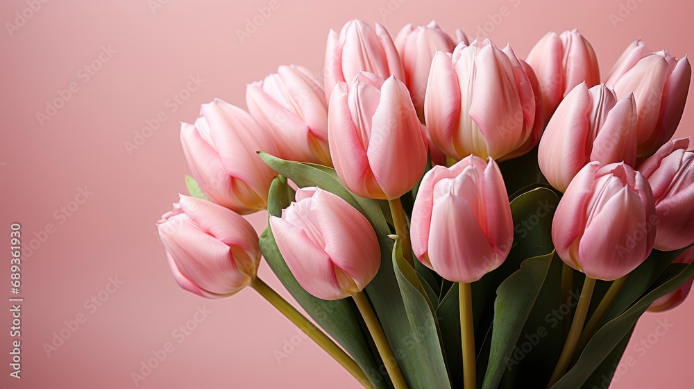 Naklejka premium Pionshaped Tulips On Gently Pink Background, Background Image, Desktop Wallpaper Backgrounds, HD