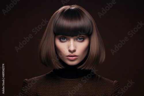 young pretty woman portrait with short hair on brown background