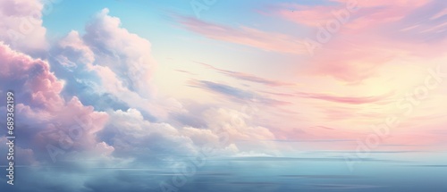 Pastel sky and clouds panoramic view at sunset. Serene nature background.
