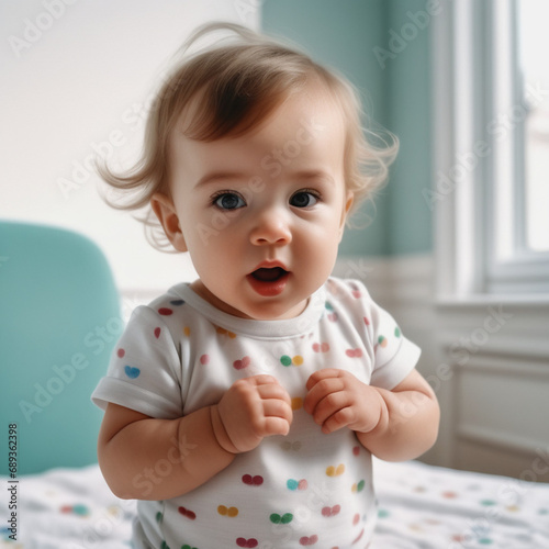 Portrait of a cute baby girl playing on the bed at home