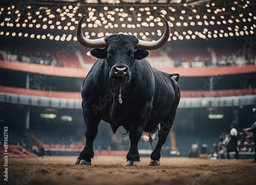 muscled black bull in the bullring 