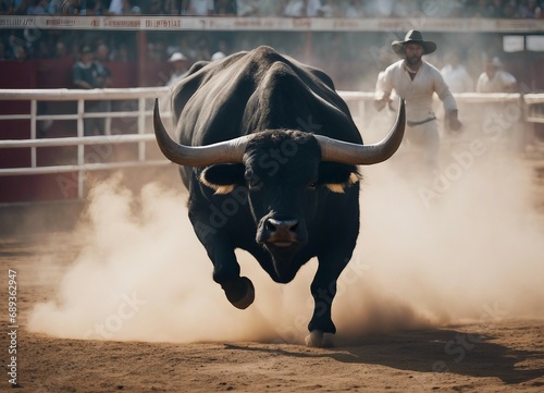 muscled black bull in the bullring, running to the matador in dust and smoke 