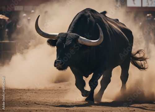 muscled black bull in the bullring, running to the matador in dust and smoke 